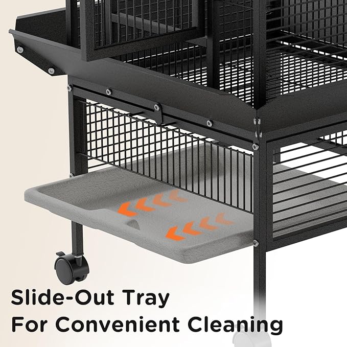 60" Large Wrought Iron Bird Cage with Rolling Stand, Play Top & 4 Stainless Steel Bowls, Metal Parrot Cage for African Grey, Cockatiel, Conure, Lovebird, Budgie, Black