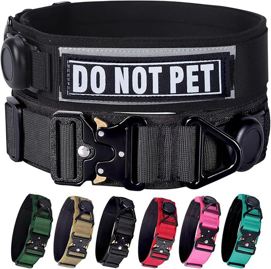 AirTag Dog Collar, 2" Wide Tactical Military Dog Collar with AirTag Holder & 3 Pet Patches, Soft Padded Reflective Waterproof Nylon Collar with Metal Buckle for Medium Dogs (Black, M)