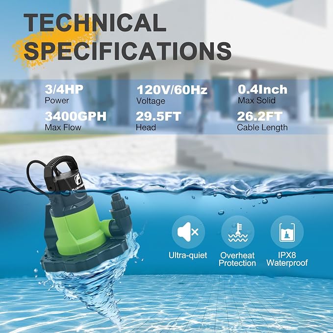 Automatic Pool Cover Pump, 3/4HP 3400GPH Submersible Above Ground Water Removal Pump with Check Valve Adapter, 26FT Power Cord for Pool, Hot Tub, Rooftop, Water Bed, Basement Draining