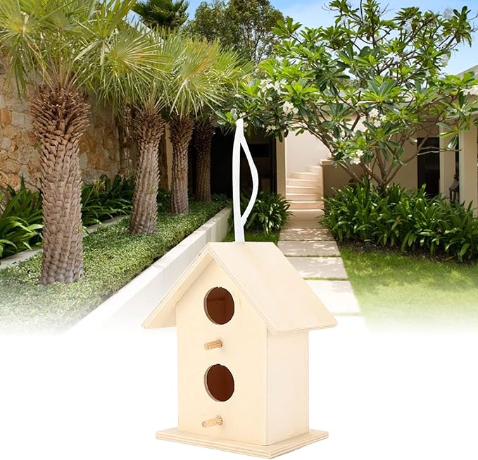 Wooden Bird House,Bird Nests Box DIY Painting Wild Bird House Wooden Bird House Kit for Bird (Double Layer Two Hole)