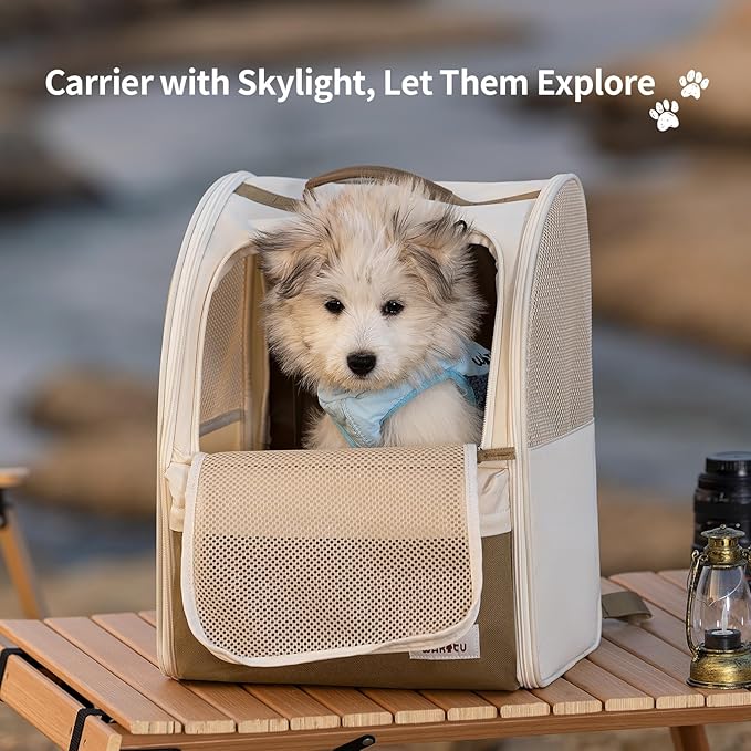wakytu Cat Carrier Backpack,Steel Wire Frame More Stable,600D Wear-Resistant Oxford Fabric, Dog Carrier Cat Backpacks Suitable for Travel,Beige