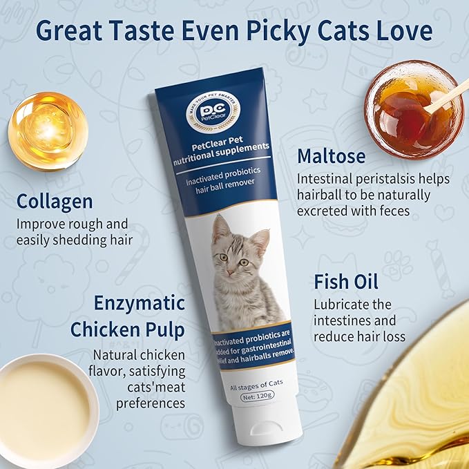 Hairball Paste for Cats, 4.23 oz/120 g, Contains Chicken, Fish Oil, Inactivated Probiotics, Taurine, Promotes Intestinal Peristalsis & Digestion, Passes Hairballs Naturally, Reduces Vomiting (3 Tube)
