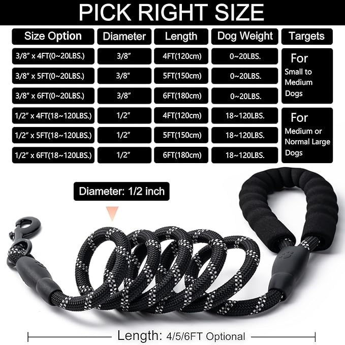 2 Pack Dog Leash, 4/5//6 FT Heavy Duty Nylon Rope Pet Leashes with Comfortable Padded Handle, Reflective Dog Leashes for Small Medium and Large Dogs (5FT-1/2,Black/Yellow)