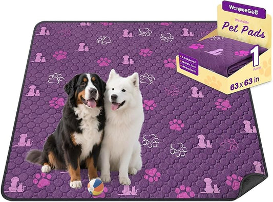 WanpeeGoo Washable Pee Pads, Puppy Pee Pad for Dogs, 1 Pack Absorbent Reusable Training Dog Pads Pet Puppy Pads, Non-Slip Potty Pads for Whelping, Playpen, Crate, Bed, Purple 63"x63"