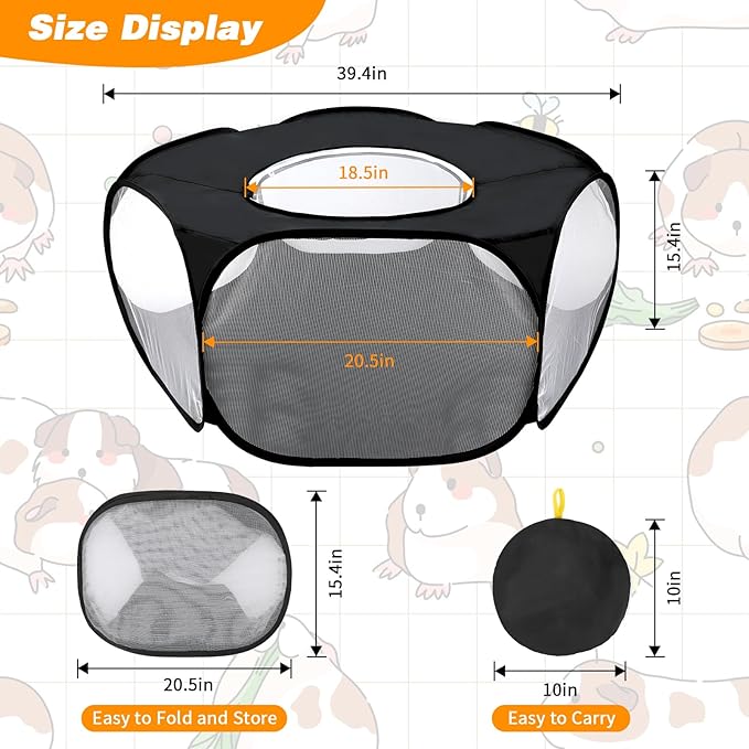 Rypet Collapsible Small Animal Cage Tent, Breathable Fabric Guinea Pig Playpen with Cover, Transparent Hamster Playpen Portable Pet Yard Exercise Fence for Reptile Rabbit Chinchilla Hedgehog(Black)