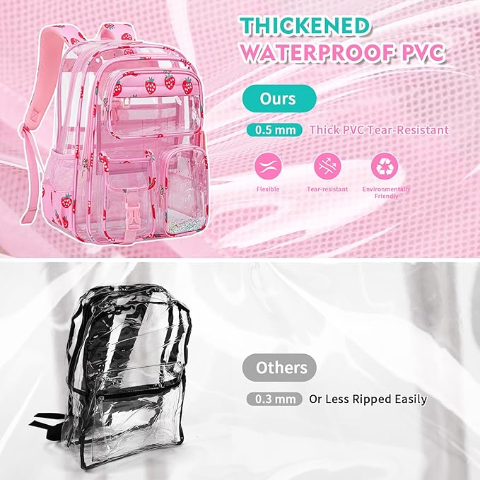 Clear Backpack for School,Transparent Backpack Stadium Events,Heavy Duty Clear Bookbag for Girls,Boys,Work,Sport Pink Strawberry