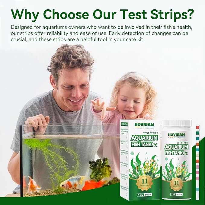 11 in 1 Aquarium Water Test Strips with Ammonia,125 ct Fish Tank Test Kit | Accurate Freshwater & Saltwater Testing for pH,Ammonia,Nitrate,Alkalinity,Iron,Copper,Carbonate,Sodium Chlorine,etc