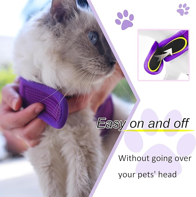 Cat Harness and Leash for Walking Escape Proof Breathable Mesh Fabric, Purple, Extra Large, Adjustable Cat Walking Jackets with Handle, Padded Stylish Cat Vest