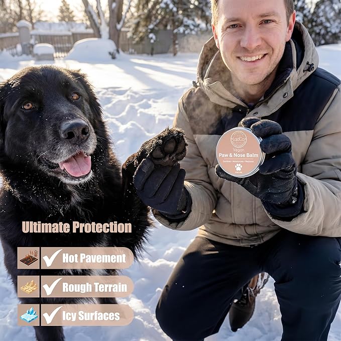 All in One Natural Vegan Dog Paw and Nose Balm, Winter and Summer Paw Protection from Snow, Ice, Salt and Hot Pavement, Moisturizes and Repairs Dry, Cracked Paws, Lick Safe, 2.0 oz,