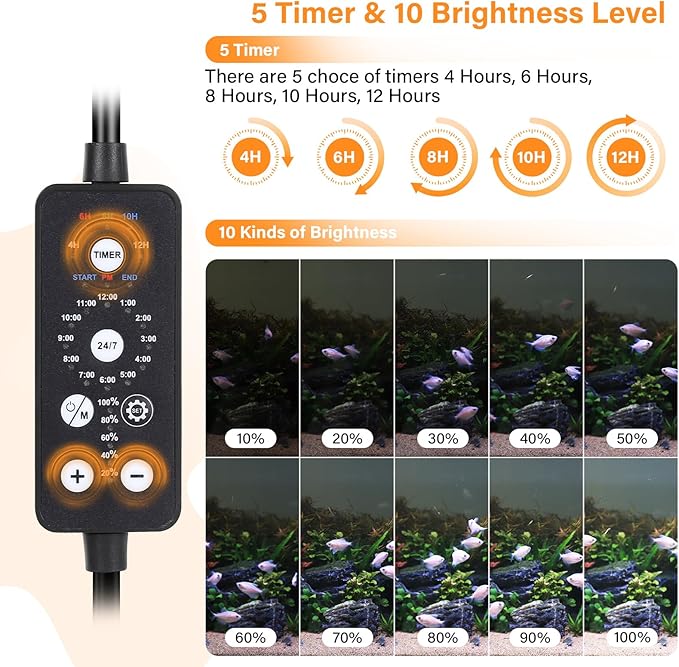 hygger Submersible LED Aquarium Light, 24W 26.8 in 24/7 Mode Fish Tank Light with 5 Rows Beads, with Timer 9 Colors and Adjustable Brightness, Full Spectrum IP68 Waterproof Light for Fish Tank 28-54in