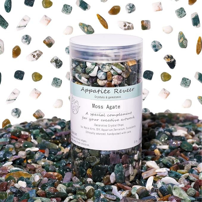 Moss Agate Crystal Chips 2lbs (2000+ pcs) -5-8mm Natural Dendritic Stones for Aquarium Gravel, Terrariums, Plant Growth, Jewelry Making & Abundance Grids,Safe for Fish Tanks & Fairy Gardens