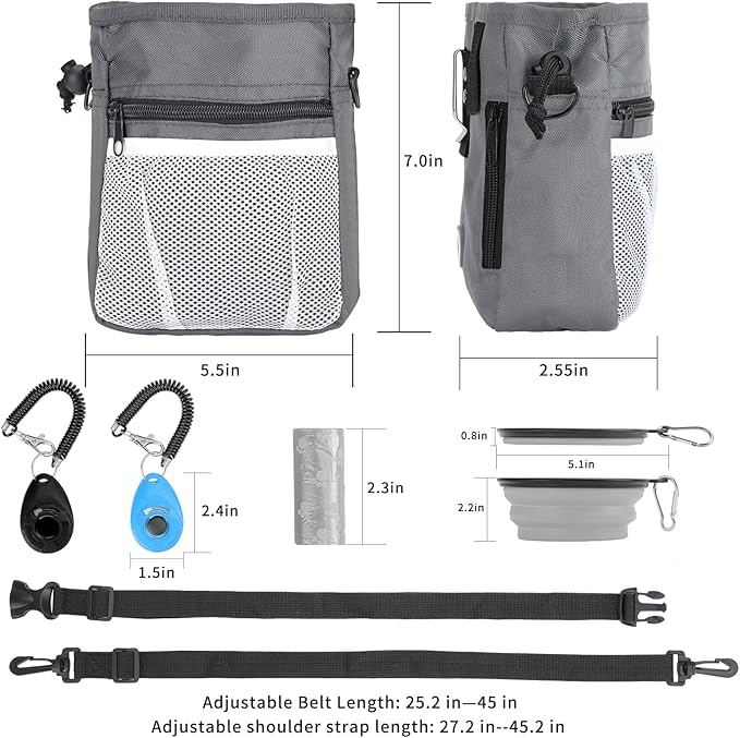 Dog Treat Pouch for Pet Training, 3-Way Wear Training Bag with 2 Clickers, Collapsible Bowl & Poop Bag, Large Capacity Dog Training Kit with Adjustable Waist Belt/Shoulder Strap for Walking