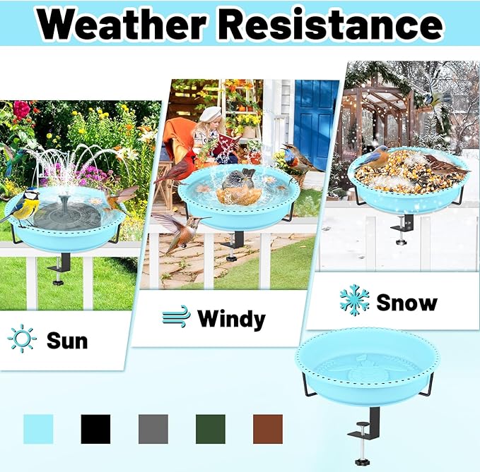 Bird Baths for Outdoors, Rustproof Metal Clamp Birdbaths & Birdfeeder with Detachable Plastic Basin, Outdoor Bird Feeding & Watering Station for Wild Birds Garden Patio Balcony (Blue)