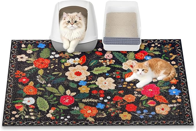 Cat Litter Mat, 35" x 23" Litter Box mat, Traps 100% Litter, Non-Slip Kitty Litter Trapping mats, Large Cute Litter mat, Easy Clean for Scatter Control, Bohe cat Food mat, Urine Waterproof