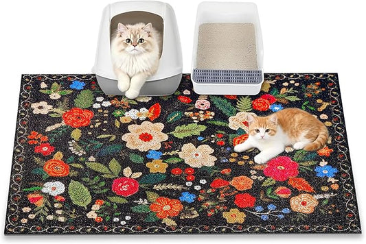 Cat Litter Mat, 35" x 23" Litter Box mat, Traps 100% Litter, Non-Slip Kitty Litter Trapping mats, Large Cute Litter mat, Easy Clean for Scatter Control, Bohe cat Food mat, Urine Waterproof