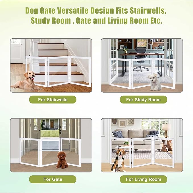 LZRS Clear Dog Gate for Indoor Use - Transparent Pet Fence with Solid Hardwood and Plastic Board, Stylish & Durable freestanding Pet Gate for Doorways, Stairs and Hallways, Off White