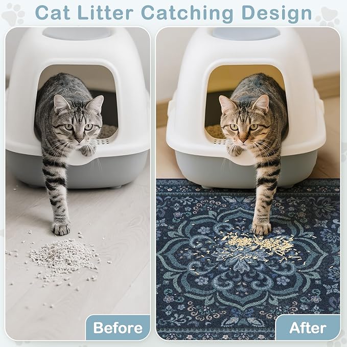 Unicorn Catcher Cat Litter Mat 24" x 15" Non-Slip Litter Box Mat Washable Litter Catcher Mat for Litter Box Indoor Food Mat Supplies Essentials,Navy Blue