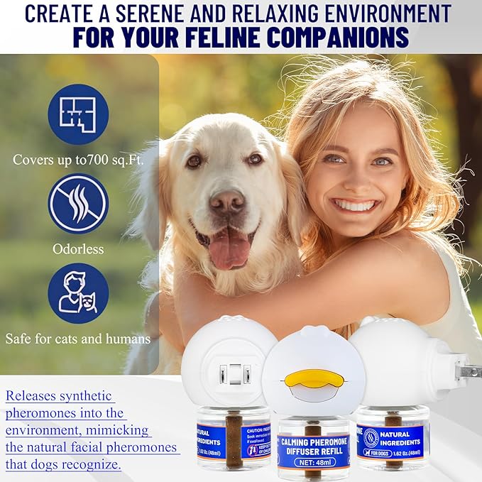 Dog Calming Diffuser Starter Kit with 3 Refills, Dog Pheromones Calming Diffuser Helps Reduce Scratching, Peeing, Meowing & Aggression, Plug-in Anxiety Relief for Calm Dogs of All Ages