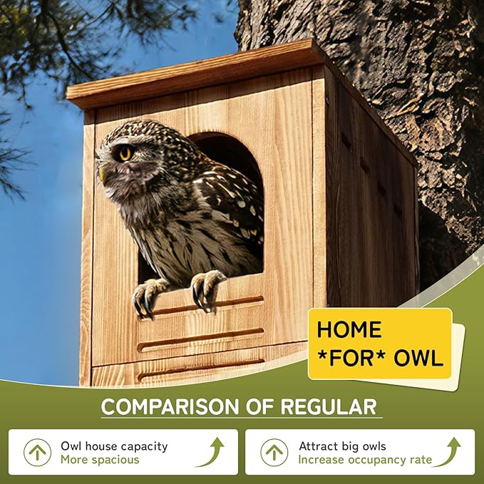Screech Barred Owl House, 25" Extra Large Owl Bird Box Handmade Wooden Circular Opening for Outside with Mounting Screws and A Bag of Wood Shavings, Easy Assembly Required (Brown, 14"x25")