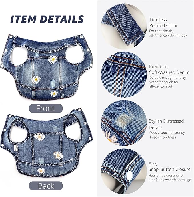 Pawstrip Dog Denim Jacket with Embroidered Daisy, Ripped Vintage Jean Vest for Small Dogs, Puppy, Pugs, Chihuahuas, Spring Summer Fall Festival Outfit, Small (Fits Chest 11-12")