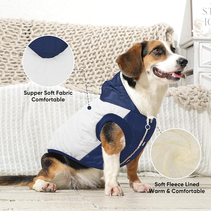 Vecomfy Fleece Lining Extra Warm Dog Hoodie in Winter for Large Dogs Jacket Pet Coats with Hooded,Beige and Blue XL