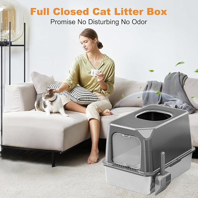 Extra Large Stainless Steel Cat Litter Box Enclosed with Lid - 24" x 16" x 17" Metal Cat Litter Box XXL for Cats, Front Top Entry High Side Kitty Litterbox with Scoop & Mat, Anti Leakage, No Sticky