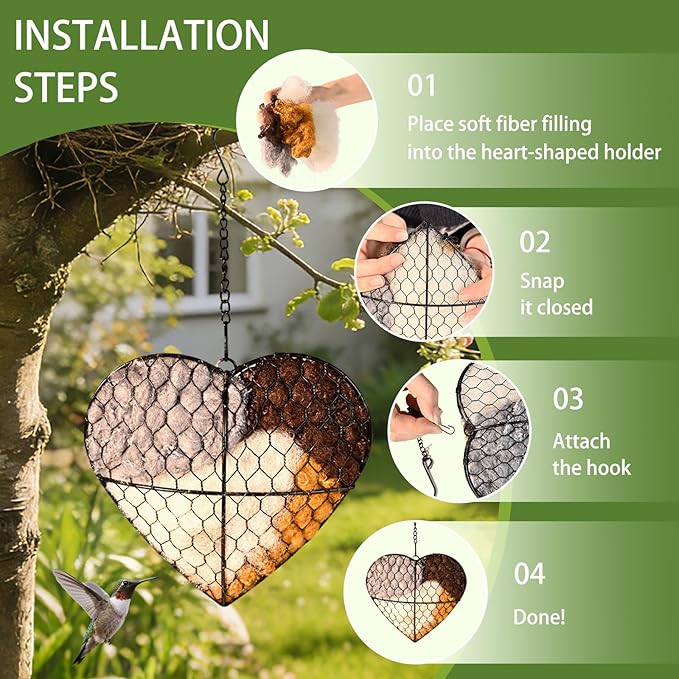 Bird Nesting Material Holder, Handmade Fiber Bird Nesting Heart with Refillable Material for Wild Bird, Hummingbird Houses Outdoor Garden Decoration Outside Gifts for Birds Lovers