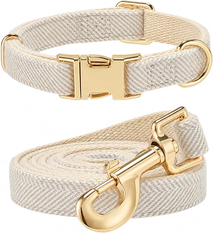 Herringbone Tweed Dog Collar and Leash Set for Large Dogs, Gray | Snag-free, no-rub design. Soft breathable cotton, gentle on fur. Adjustable durable matching combo for walks & outdoors.