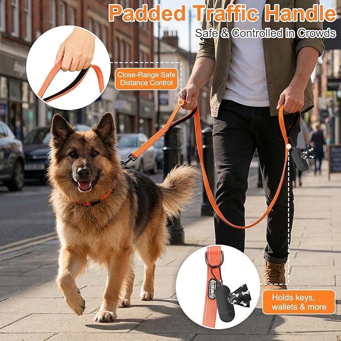 6 FT Heavy Duty Dog Leash with 2 Comfortable Padded Handles, Traffic Handle Extra Control, Highly Reflective Threads Leash for Small/Medium/Large Dogs (Orange)