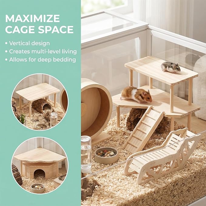 3-Piece Wooden Hamster Platform Set, Versatile Hideout & Exploration Tunnel with Ladder, Cage Decor for Syrian Dwarf Hamsters, Gerbils, Mice