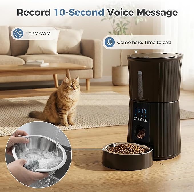 DUMOS Automatic Cat Feeder, 4L WiFi Timed Cat Food Dispenser with APP Control, 10s Voice Recorder, Dual Power Supply, Indoor Programmable Pet Feeder with Desiccant for Small Cats and Dogs, Black