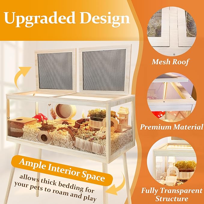PROLEE Hamster Cage Chewproof, Mice and Rat Habitat with Transparent Sides, Hamster Cage with Openable Mesh Top, Solid Built with Lock Design and Leg Stand, 48" inch