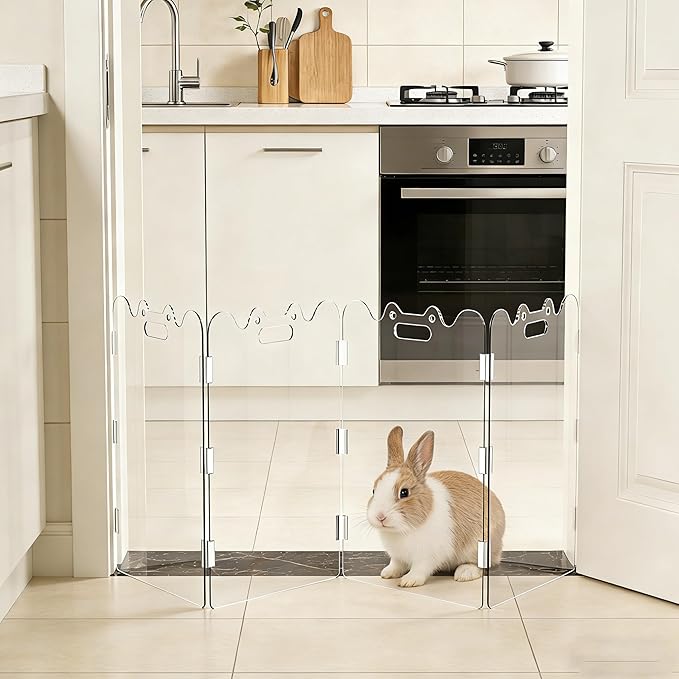 Clear Acrylic Pet Gate - 4 Panel，79” Width White, Indoor/Outdoor Use Foldable FreeStanding Puppy Gates for Dogs & Guinea Pigs, Doorway Stairs Barrier with Transparent Panels