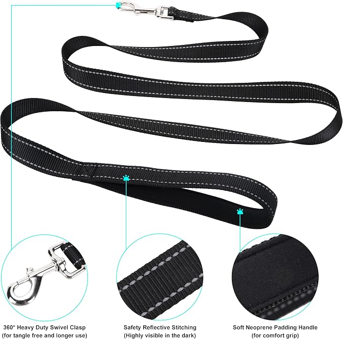 Soft Neoprene Padded Dog Collar and Leash Set for Small Medium Large Dogs, Reflective Durable Nylon Dog Collar with 5ft Leash Easy for Walking, Black,Neck fit 14.0-23.5’’