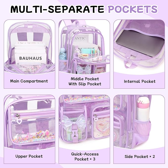 MOONBABY Clear Backpack for Girls, Clear Bookbag Heavy Duty Transparent Backpack for Stadium Events, See Through Back Pack for Kindergarten Elementary Middle High School, Purple