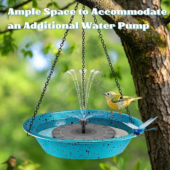 Hanging Birdbath Bird Feeder for Outdoor 11.4 inch Metal Bird Bath Bowl with Detachable Black Chain Hook Metal Dragonfly Birdbath for Garden Yard Patio Decor, Gift for Bird Lovers (Lake Blue)