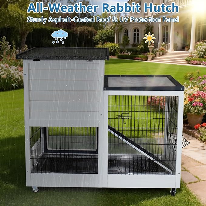 FunXplore 2-Story Rabbit Hutch Bunny cage Indoor Outdoor with Lower Urine Guards, Chew-Proof Ramp, 2 Leak-Proof Trays, 4 Metal Wheels for Rabbits, Guinea Pigs, Small Animals