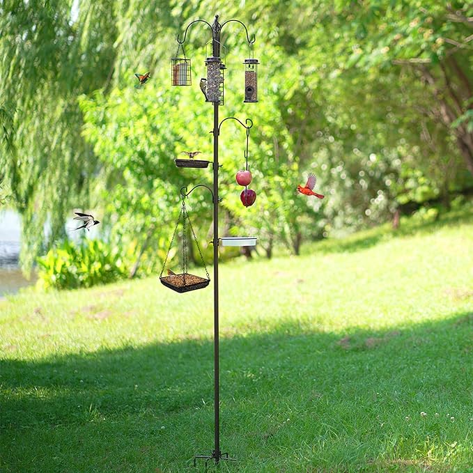 Bird Feeder Station with Suet Cage & Water Bowl Fruit Hook- Adjustable Pole, 6 Hanging Hooks for Wild Birds, Outdoor Garden Bird Feeding Kit