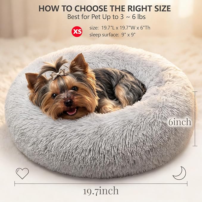 Calming Donut Dogs Beds for Small Dogs Washable,19inch Fluffy Round Puppy Bed for Puppies,Cats & Toy Breeds with Raised Rim,Fits up to 15 lbs Pets,Frost Grey