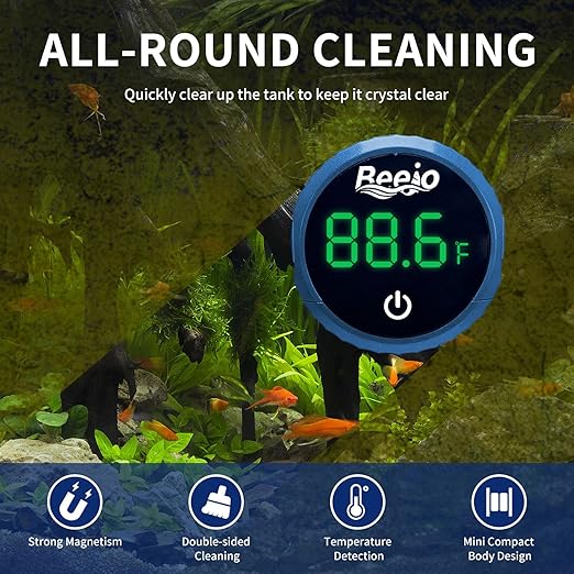 BEEJO 2 in 1 Aquarium Magnet Glass Cleaner with Touch Digital Thermometer ，Glass Fish Tanks Strong Magnetic Cleaning Brush，Aquarium Mini Algae Scraper (Blue)