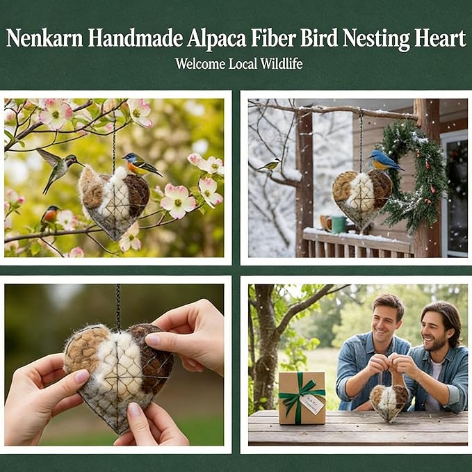 Handmade Alpaca Fiber Bird Nesting Heart - Weather Resistant Wild Bird Nesting Material Holder with Refillable Soft Fibers and Hanging Chain for Hummingbirds, Finches & Wrens (7.1*7.1*2.8in)