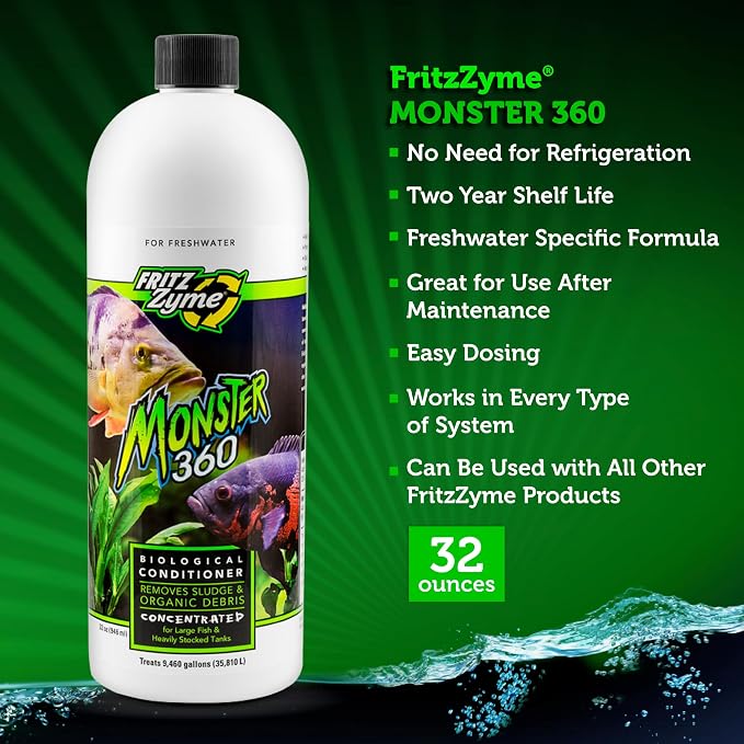Fritz Aquatics 75032 FritzZyme Monster 360 Concentrated Biological Conditioner for Fresh Water Aquariums, 32-Ounce