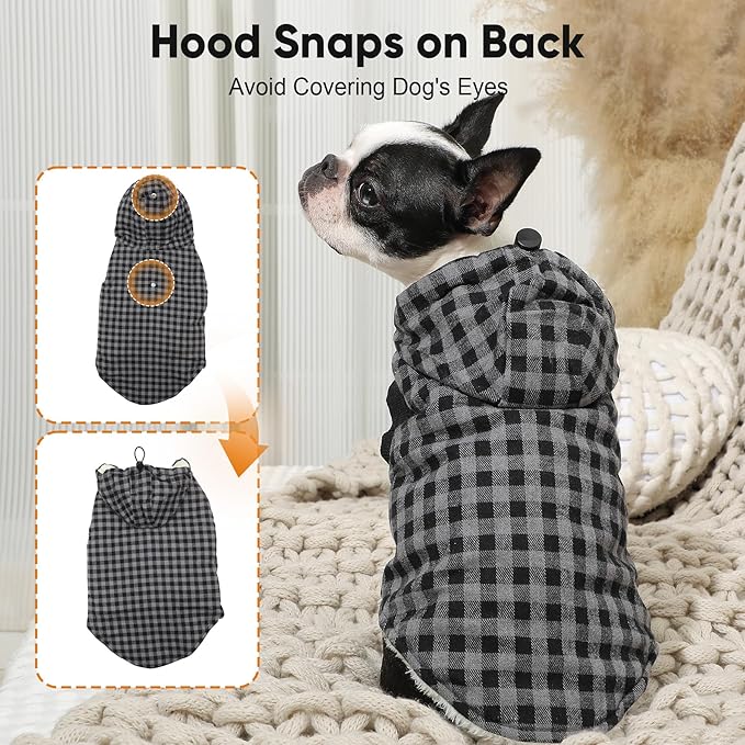 Vecomfy Fleece Lining Dog Hoodie for Medium Dogs Extra Warm Plaid Sweater with Drawstring Hooded Coats in Winter Doggie Jacket,Black XL