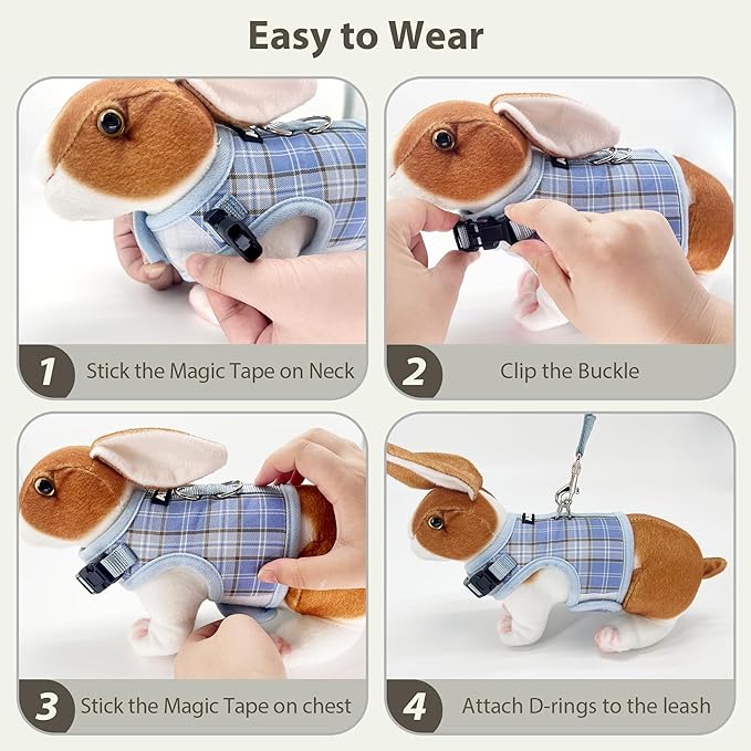 AIITLE Bunny Harness and Leash Set Escape Proof - Magic Tape Design, Lightweight Plaid Pattern Mesh Padding, No Choke No Pull for Puppy Cat Rat Squirrel Ferret, Outdoor Walking Running, Blue S