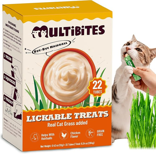 22 Tubes Lickable Cat Treats - Creamy Squeezable Cat Grass Treats with Taurine for Cats & Vitamins - Hairball Treatment & Digestive Support