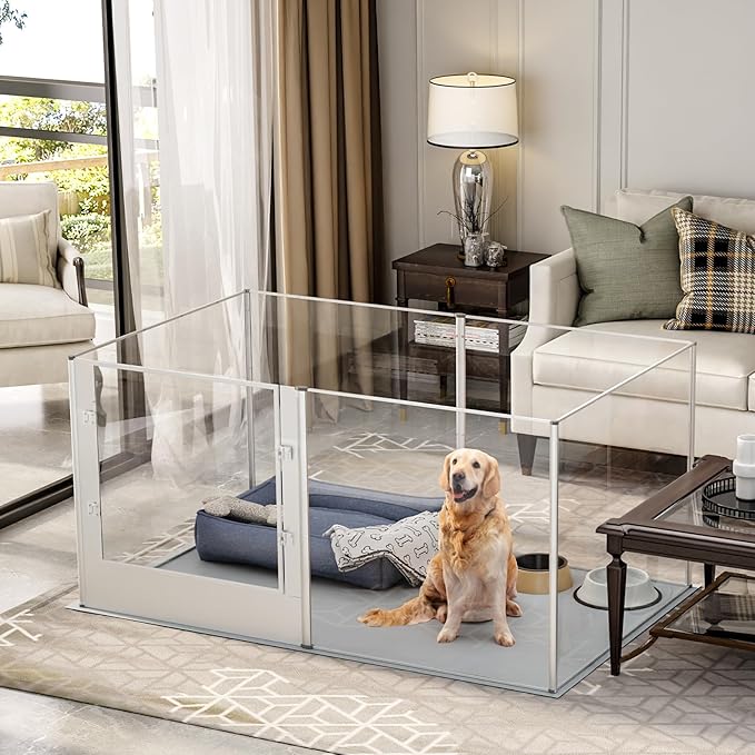 BingoPaw Clear Dog Playpen Fence: 64"x43" Extra Tall Transparent Pet Acrylic Playpen Expandable with Bottom and Door for Dogs Bunny