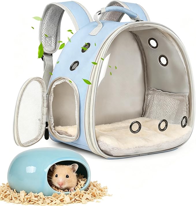 2-Pack Small Animal Backpack Carrier & Ceramic Hamster Hideout for Cooling Summer, Hamster House and Habitat Cool Bed for Other Similar-Size Small Pet Gerbil Rat Chinchilla