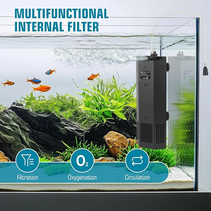 AQQA Aquarium Filter for 80-150Gal Fish Tank Submersible Internal Filters Multifunctional for Filtration, Circulation and Oxygenation Ultra Quiet for Freshwater & Saltwater Crystal Clear (15W,400GPH)