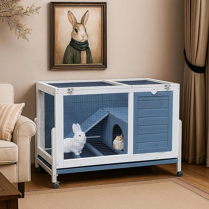 RUNSHED Two Floors Wooden Indoor Bunny Hutch Rabbit Cage on Wheels Guinea Pig PET House for Small to Medium Animals Waterproof No Leak Tray