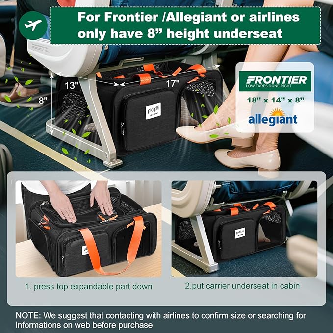 pidipiti 17x13x8 Frontier Allegiant Breeze Airlines Approved top Expandable pet Carrier for Extra-Small Dog/Small cat,Weight up to 5 lbs,Length Shorter Than 16''